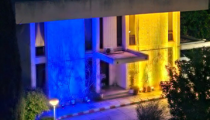 The file photo of the Poland Embassy in Islamabad bathed in the colours of the Ukraine flag. — x/PLinPakistan