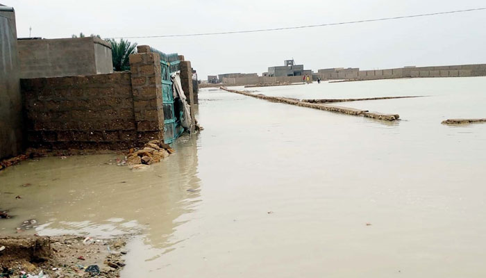 View of stagnant rainwater after a flash flood caused by a heavy downpour of the winter season, in Gwadar on February 27, 2024. — PPI
