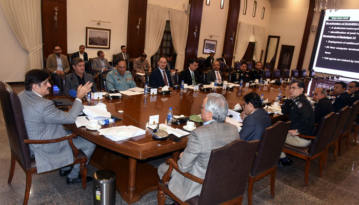 Newly elected Sindh Chief Minister Syed Murad Ali Shah chairs a meeting to review the Law and Order situation at CM House in Karachi on February 28, 2024. — Facebook/Sindh Chief Minister House