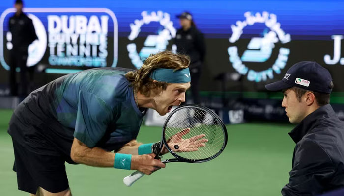 In this image, Andrey Rublev (left) arguing with the line judge during a tennis match. — AFP/File