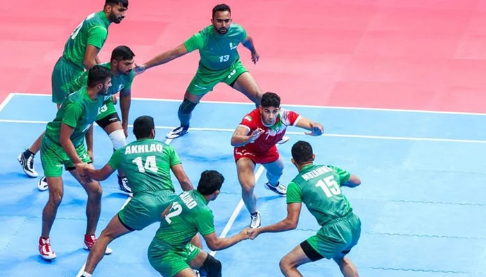 Pakistans Kabaddi team in action during a match against Iran. — Olympic Council of Asia/File