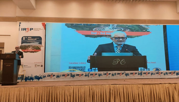 Former Caretaker Health Minister Prof Dr Javed Akram speaks to the 8th annual conference organised by the Interventional Radiology Society of Pakistan at a local hotel as a special guest on March 2, 2024. — Facebook/Javed Akram