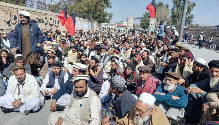 NDM workers protest in Miranshah against alleged rigging in the February 8 general elections on March 4, 2024. — X/@NDM_Official