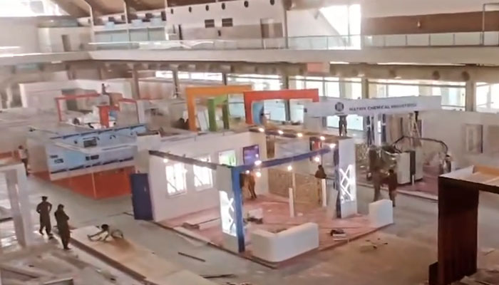 This screengrab taken from a video released on March 3, 2024, shows the preparations for the Chemical Expo in Lahore. — Facebook/Pakistan Chemical Expo