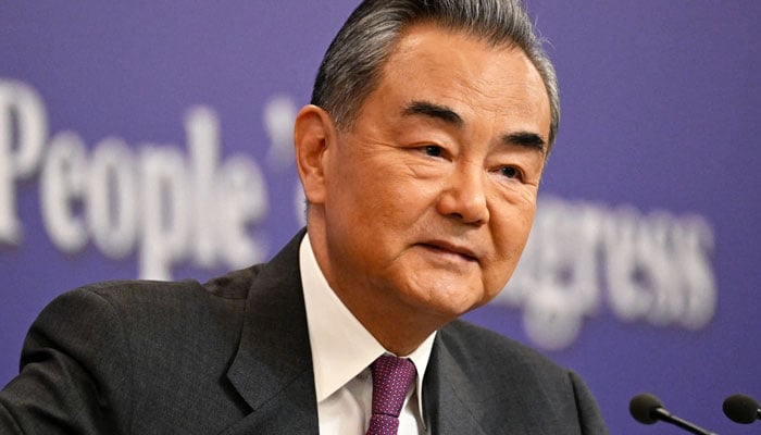 Chinese Foreign Minister Wang Yi at a news conference in Beijing on Mar 7, 2024. — AFP