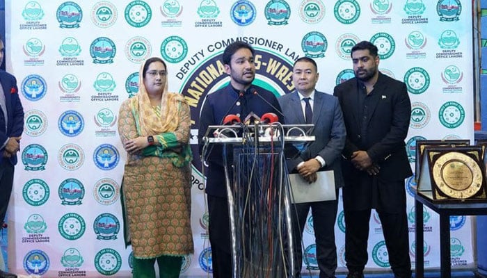 Punjab Minister for Youth Affairs Malik Faisal Ayub Khokhar (C) talks to media at the inaugural ceremony of 7th National Mass Wrestling Championship at NPSC Gymnasium Hall on March 10, 2024. — Facebook/Faisal Ayub Khokhar