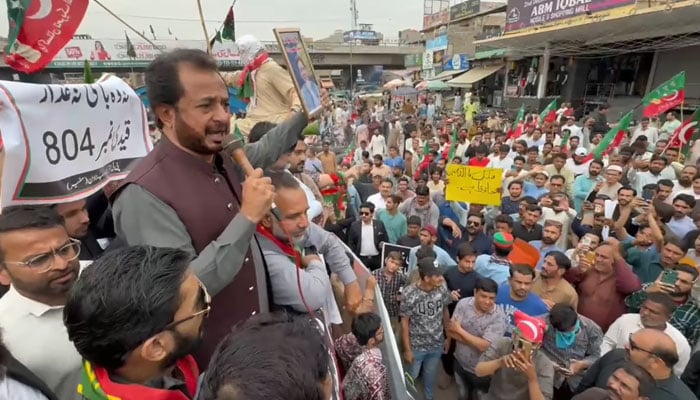 This still taken from a video shows PTI leader Haleem Adil Sheikh addressing a crown of people in a rally on March 10, 2024. — Facebook/Haleem Adil Sheikh