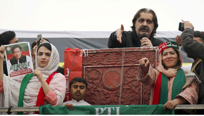 KP Chief Minister, Ali Amin Gandapur addresses his supporters during PTI protest demonstration against alleged rigging in General Election 2024, held at Ring road in Peshawar on Sunday, March 10, 2024. — PPI