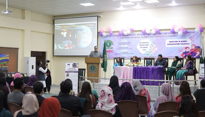 Prof Dr Alam Saeed, UOE Vice-Chancellor addresses The Youth Support Program: A Transnational Partnership for 21st Century Skills on March 8, 2024. — Facebook/University of Education, Lahore