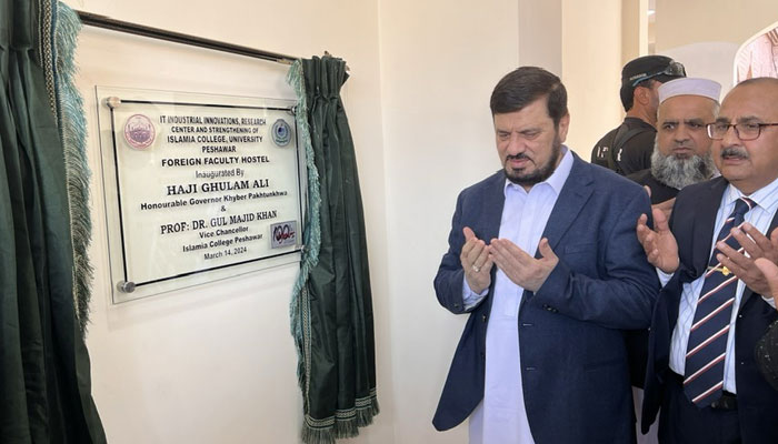 Governor Khyber Pakhtunkhwa Haji Ghulam Ali offers fateha during inaugurates the foreign faculty hostel at the historic Islamia College University on MArch 14, 2024. — Facebook/Haji Ghulam Ali Governor Khyber Pakhtunkhwa