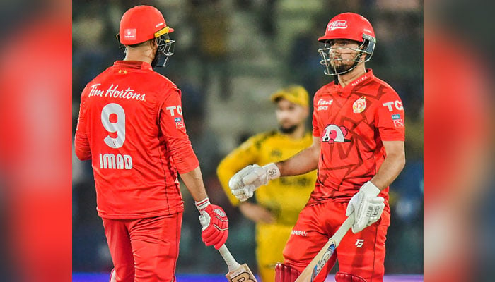 This image released on March 16, 2024, shows Islamabad Uniteds All-rounder Imad Wasim (L) and Batsman Haider Ali. — Facebook/Islamabad United