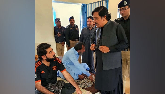 Sindh Prisons Minister, Ali Hassan Zardari interacts with prisoners at Malir Jail, in Karachi on March 18, 2024. — PPI