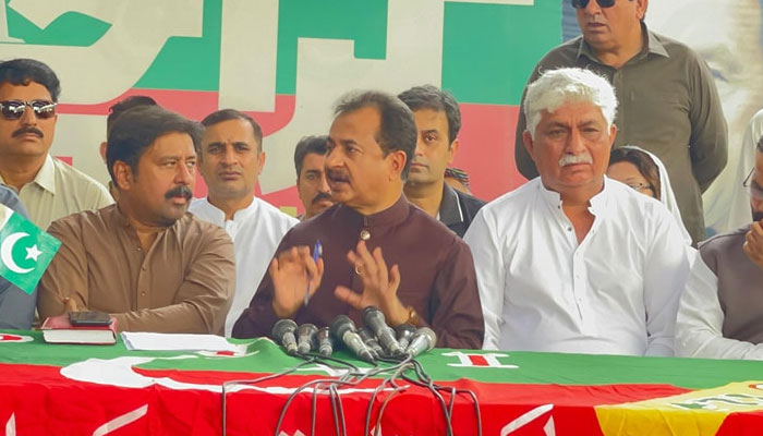 PTI Sindh President Haleem Adil Sheikh addresses a press conference in Karachi on March 31, 2024. — Facebook/Haleem Adil Sheikh