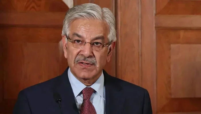 Defence Minister Khawaja Asif gestures during an event. — AFP/File