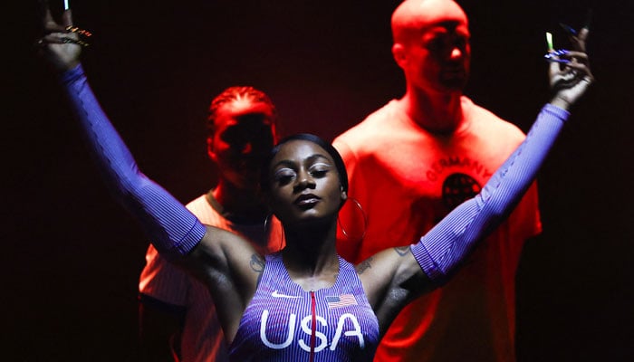 US sprint star ShaCarri Richardson models an Olympic uniform at an event in Paris, France. — AFP/File