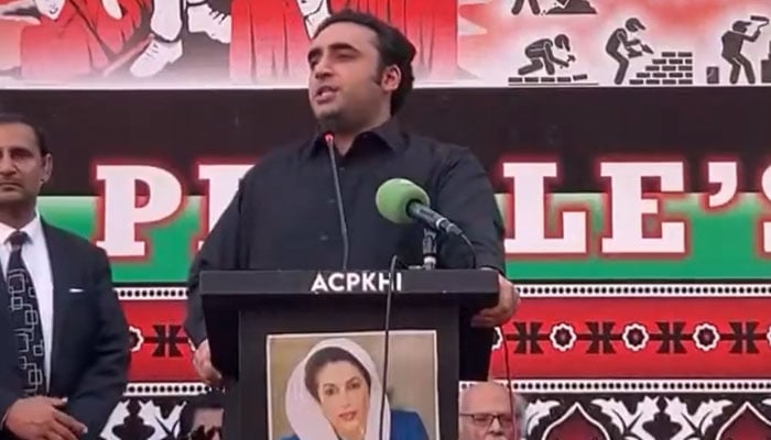 PPP Chairman Bilawal Bhutto Zardari addressing an event in Karachi in connection with Labour Day on May 1, 2024. — Screengrab/X/@MediaCellPPP