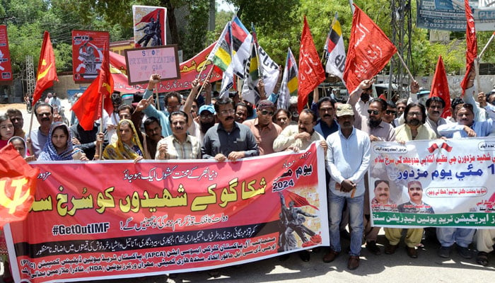 Members of the Central Peace Committee for Interfaith Harmony hold a protest rally for the basic rights of labourers on the occasion of International Labour Day, at Hyderabad Press Club on May 1, 2024. — PPI