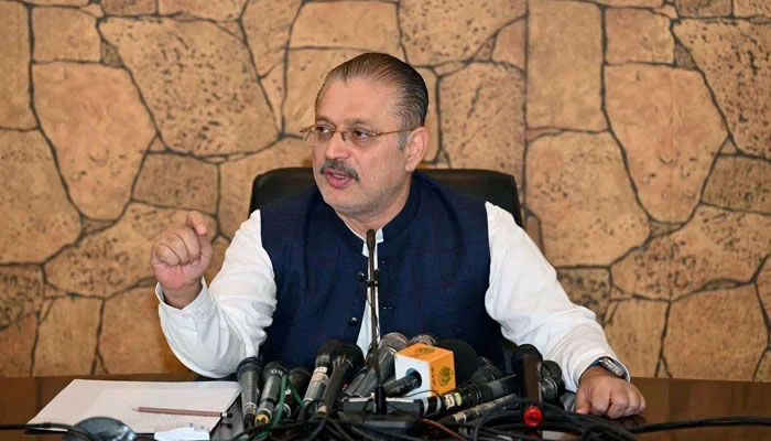 Sindh Senior Minister for Information, Excise, Taxation, Narcotics Control and Transport Sharjeel Inam Memon addresses media persons during a press conference in Karachi on, March 18, 2024. — PPI