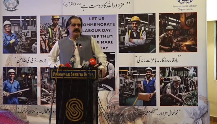 KP Chief Minister Sardar Ali Amin Khan Gandapur addressing an event in connection with International Labour Day in Peshawar on May 1, 2024. — Facebook/AliAminKhanGandapurPti
