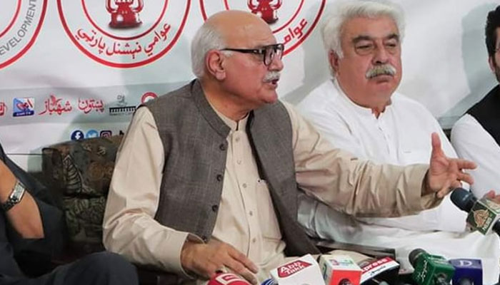 Provincial president of the Awami National Party Mian Iftikhar Hussain addresses a press conference at Bacha Khan Markaz after the maiden meeting of the ANP office-bearers for KP on May 2, 2024. — Facebook/Mian Iftikhar Hussain