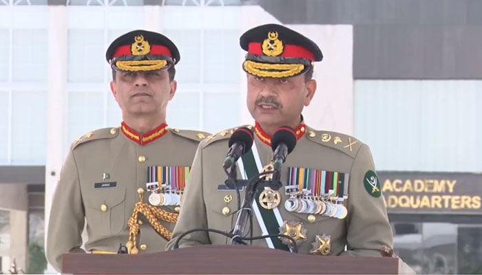 COAS General Asim Munir addressing cadets during the Pakistan Air Force’s passing out parade at the Asghar Khan Academy in Risalpur on May 2, 2024. — Screengrab/X/@MurtazaViews