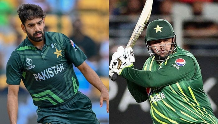 Pakistans Haris Rauf seen in action during World Cup 2023 (left) and Pakistans Azam Khan plays a shot during the first T20I match between New Zealand and Pakistan at Eden Park in Auckland on January 12, 2024 (right). — AFP/File