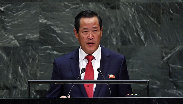 North Korean delegation leader Kim Song addresses the UN General Assembly on September 30, telling the diplomats that easing U.S.-North Korean tensions depends entirely on U.S. actions. — AFP