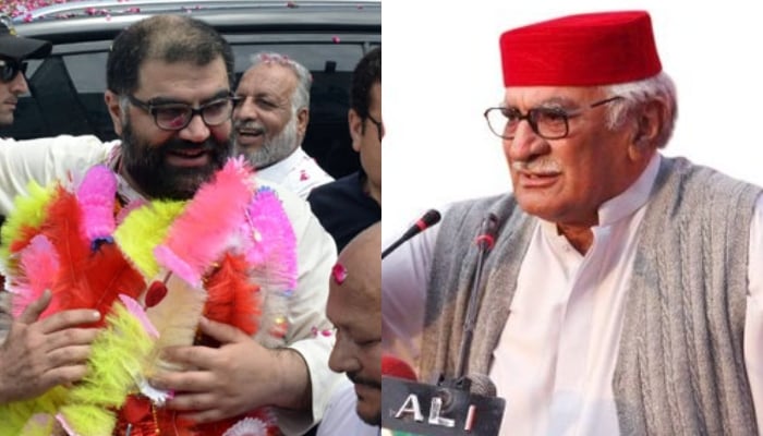ANPs newly elected Central President Senator Aimal Wali Khan (left) and partys Rahbar-e-Tehreek Asfandyar Wali Khan. — X/@ANPMarkaz/@BilalDurrani_/File