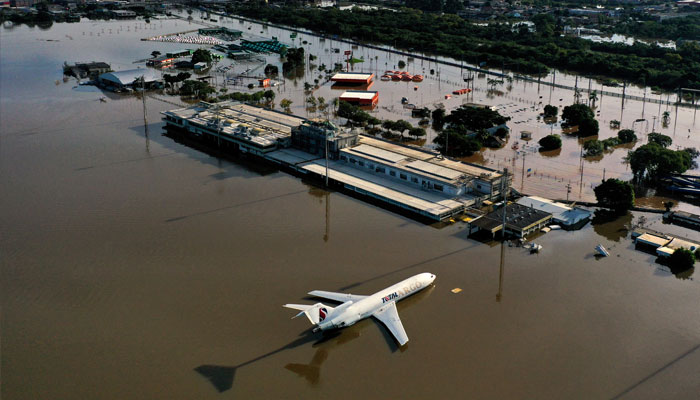 A drone shot shows a cargo plane at the flooded Salgado Filho International Airport in Porto Alegre in Rio Grande do Sul, Brazil, May 7, 2024. — Reuters