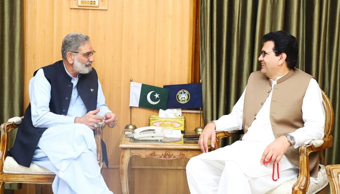 Khyber Pakhtunkhwa Assembly Speaker Babar Saleem Swati exchanges of views with opposition leader Dr Ibadullah Khan on May 8, 2024. — Facebook/Babar Saleem Swati