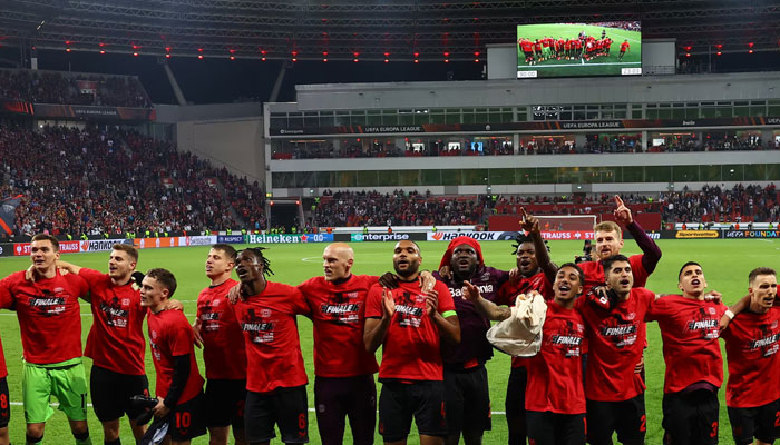 Bayer Leverkusen players celebrate after the match.— Reuters/File