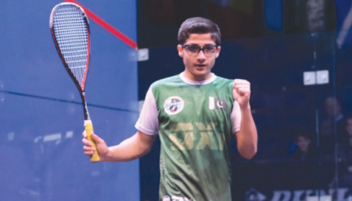 Pakistan’s Hamza Khan celebrates after beating Yusuf Sheikh of England to lift the U-15 British Open Junior Championship title on Monday.— PSF/File