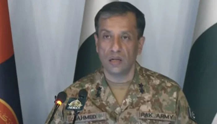 DG ISPR Lieutenant  General Ahmed Sharif Chaudhry addresses a press conference in Rawalpindi on May 7, 2024. — Screengrab/Geo News