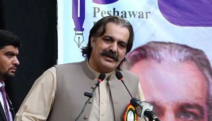 Chief Minister Sardar Ali Amin Gandapur addressing the oath-taking ceremony of the newly elected body of the Peshawar Press Club on May 2, 2024. — Facebook/AliAminKhanGandaporPTI