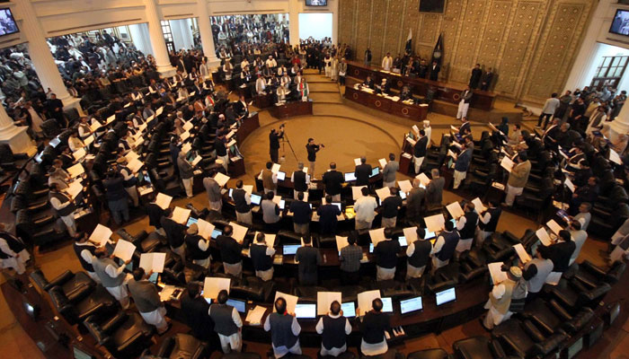 Members of Provincial Assembly (MPAs) takes oath during the first session of the Provincial Assembly, at Khyber Pakhtunkhwa Assembly in Peshawar on February 28, 2024. — PPI/File