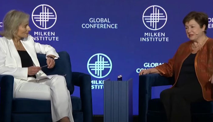 IMF Managing Director Kristalina Georgieva speaks during a session at Milken Institute conference in Los Angeles, US in this still taken from a video. — YouTube/CGTN America