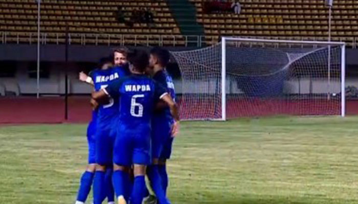 WAPDA players celebrate after scoring a goal during the National Challenge Cup 2023 at Islamabads Jinnah Stadium on May 10, 2024. — Screengrab/X/@TheRealPFF