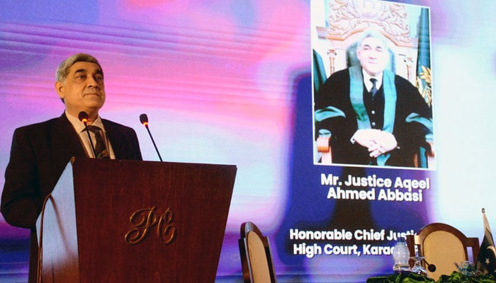 Chief Justice of Sindh Justice Aqeel Ahmed Abbasi addresses the participants of the Pakistan International Disputes Weekend conference organised by SHC and the Chartered Institute of Arbitrators on May 11, 2024 — APP