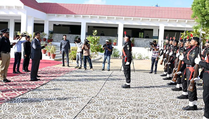 Sindh Minister for Home, Law and Parliamentary Affairs, Zia-ul-Hassan inspects the guard of honour during the passing out ceremony at SBBEPTC located on Razzaqabad in Karachi on May 11, 2024. IGP Sindh, Ghulam Nabi Memon is also present. — PPI