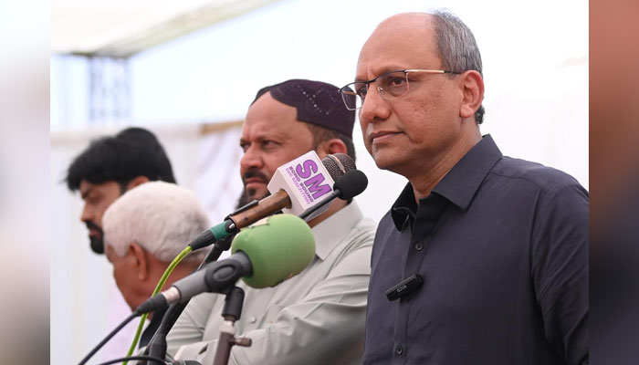 Sindh Local Government Minister Saeed Ghani speaks during an inauguration ceremony of Eidgah Ground in Korangi on May 11, 2024, — Facebook/Saeed Ghani