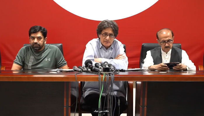 Pakistan Tehreek-e-Insaf (PTI) Central Information Secretary Raoof Hasan addresses a news conference on May 11, 2024. — Facebook/Pakistan Tehreek-e-Insaf