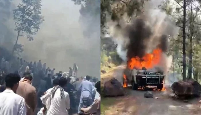 Protesters seen committing arson amid violent protests in AJK in these stills taken from videos on May 11, 2024. —  The News