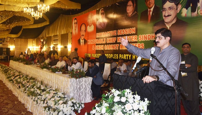 Sindh Chief Minister Syed Murad Ali Shah speaks at a consultative meeting of the Pakistan People’s Party Hyderabad division at a Banquet Hall on May 12, 2024. — Facebook/Sindh Chief Minister House