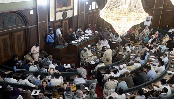 Karachi Mayor Barrister Murtaza Wahab presides district council meeting session at City Council Hall Old KMC building in Karachi on May 13, 2024. — PPI