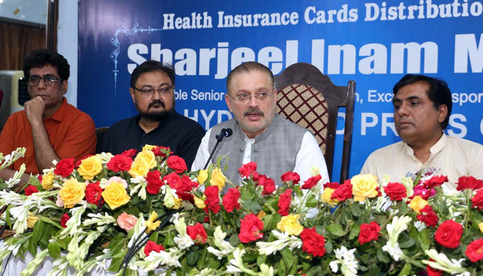 Sindh Minister for Information, Transport & Mass Transport Sharjeel Inam Memon addresses media persons at the press club on May 13, 2024. — APP