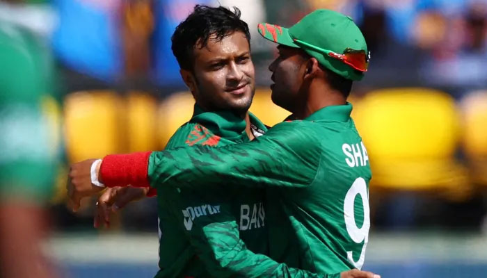 Former Bangladesh captain Shakib Al Hasan and skipper Najmul Hossain Shanto seen in this undated photo.— Reuters/File