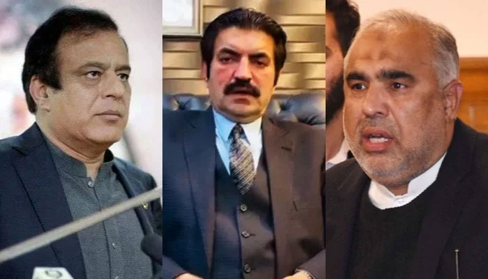 (From left to right) Pakistan Tehreek-e-Insaf (PTI) leaders Shibli Faraz, Sher Afzal Marwat and Asad Qaiser. — APP/X/@asadqaiser/@sherafzalmarwat/File