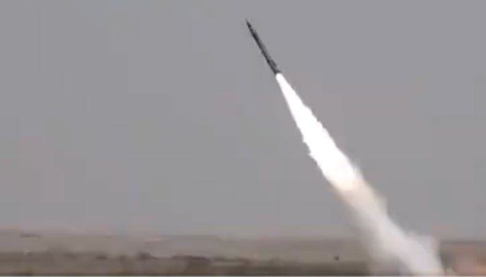 A screengrab showing the launch of Pakistan Armys test launch of Fatah-II Guided Rocket System on May 15, 2024. — Pacebook/PakistanFauj