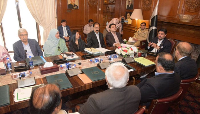 Sindh Governor Kamran Khan Tessori speaks while chairing a meeting with the vice-chancellors of the public sector universities at the Governor House on October 25, 2023. — X/@KamranTessoriPk
