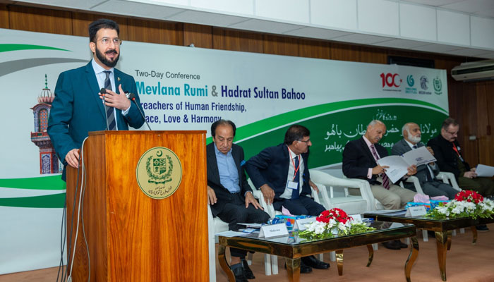 Sahibzada Sultan Ahmed Ali Chairman, Muslim Institute, Islamabad speaks during a  National Conference on Maulana Rumi and Sultan Bahoo on May 16, 2024. — Facebook/Sahibzada Sultan Ahmad ALI